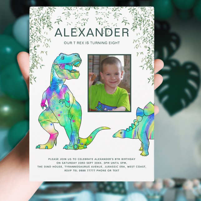 Convites Festa de aniversário da Selva do Dinossauro T-Rex (T-Rex dinosaur jungle photo template 8th birthday party invitation )