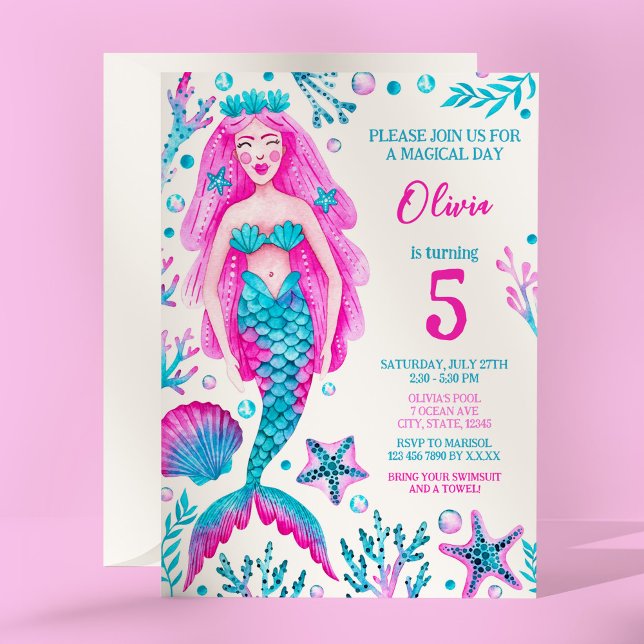 Convites Festa de aniversário da Sereia Rosa e Turquesa (Mermaid Pink and Turquoise Girl's Birthday Party Invitation)