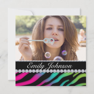 Convites Festa de Aniversário da Zebra Jóias Rosa Verde Azu