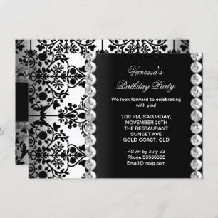 Convites Festa de aniversário Damask Prata Black White Flor