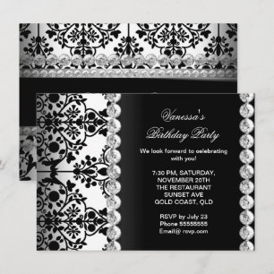 Convites Festa de Aniversário Damask Prata Preto Branco Flo