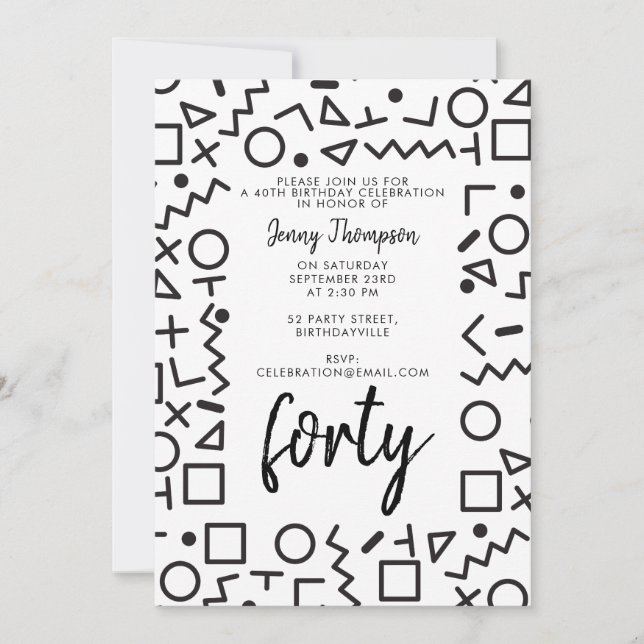 Convites Festa de aniversário das Formas Retro Brancas Pret (Frente)