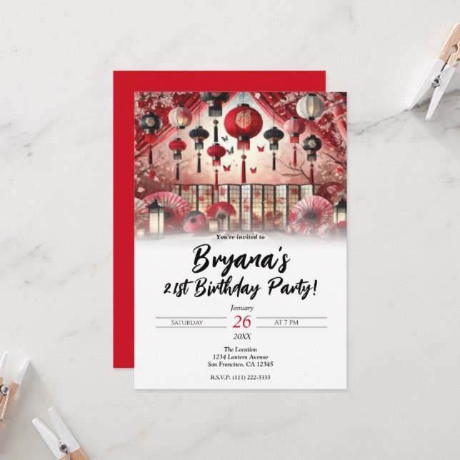 Convites Festa de Aniversário das Lanternas Japonesas & Cer (Frente/Verso In Situ)