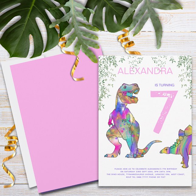 Convites Festa de aniversário das meninas dinossauros rosa (Colorful Dinosaur girls birthday party invitation with T-Rex and stegosaurus pink purple blue green)