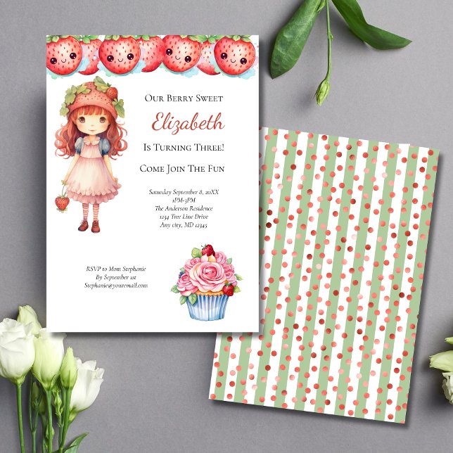 Convites Festa de Aniversário das Meninas Morango Doce  (Berry Sweet Strawberry Girls Birthday Party Invitation)