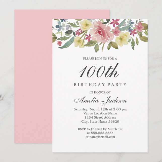 Convites Festa de Aniversário de 100 anos Blush Botanical W (Frente/Verso)