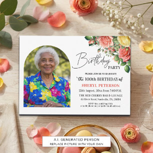 Convites Festa de Aniversário de 100 anos com Floral Elegan