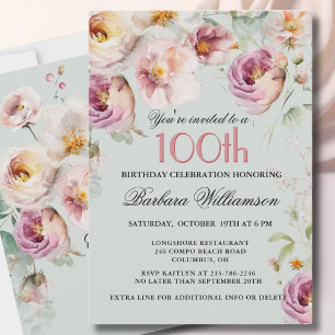 Convites Festa de Aniversário de 100 Anos com Floral Pintad