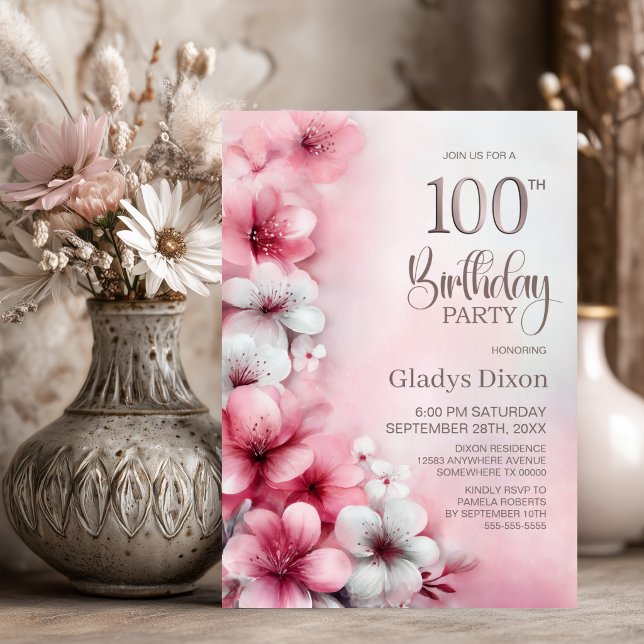 Convites Festa de Aniversário de 100 anos com Flores Rosa e (Criador carregado)