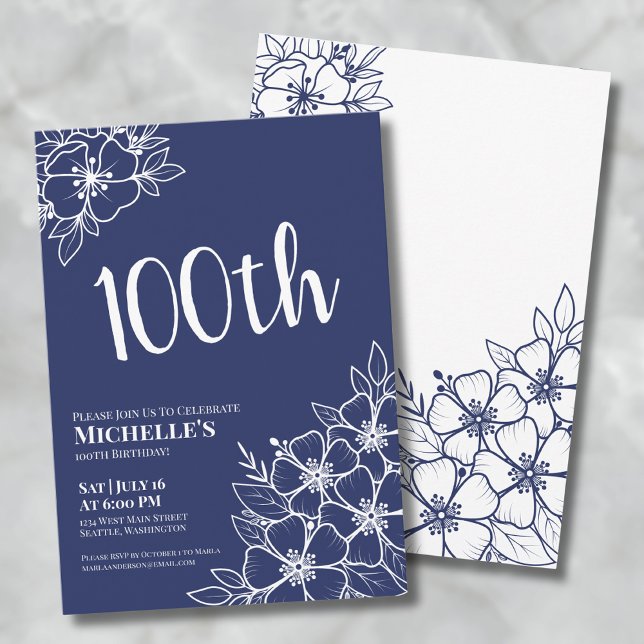 Convites Festa de Aniversário de 100 anos do Azul (Navy Blue 100th Birthday Party Invitation)