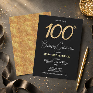 Convites Festa de Aniversário de 100 anos Elegante Preto Do