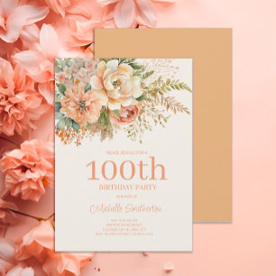 Convites Festa de Aniversário de 100 anos Floral Creme Pêss