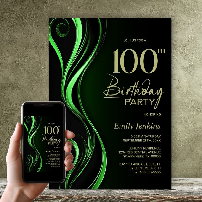 Convites Festa de Aniversário de 100 anos Moderna Preta e V (Criador carregado)