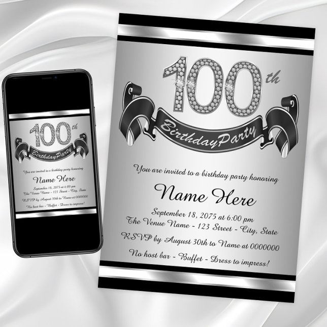 Convites Festa de Aniversário de 100 anos Prata (100th birthday party invitation. Digital download and printed invitations available.)