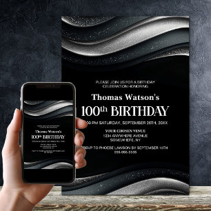 Convites Festa de Aniversário de 100 anos Preta e Prata Mod