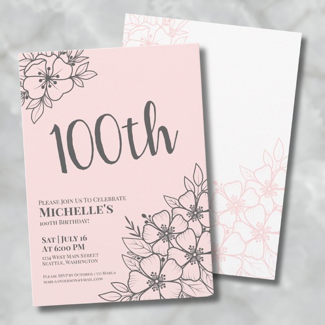 Convites Festa de Aniversário de 100 anos Rosa Rubor (Feminine Blush Pink 100th Birthday Party Invitation)