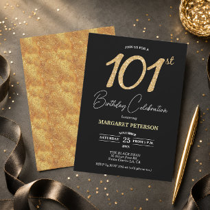 Convites Festa de Aniversário de 101 anos com Brilho Preto
