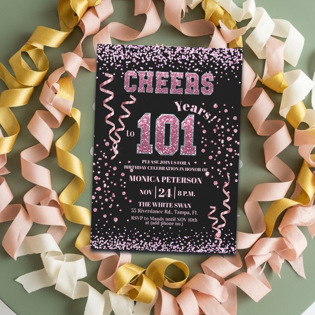 Convites Festa de Aniversário de 101 anos com Brilho Rosa (Criador carregado)