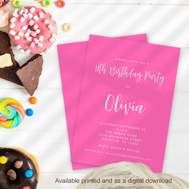 Convites Festa de aniversário de 11 Rosa Quente de Script M (Available digitally and printed)