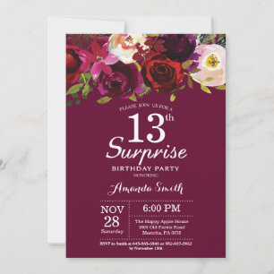 Convites Festa de Aniversário de 13 anos Surpresa Floral Bo