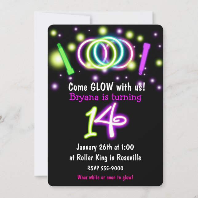 Convites Festa de Aniversário de 14 anos GLOW Lights Convit (Frente)