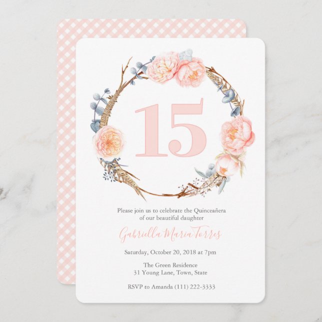 Convites Festa de aniversário de 15 para latina, Floral (Frente/Verso)