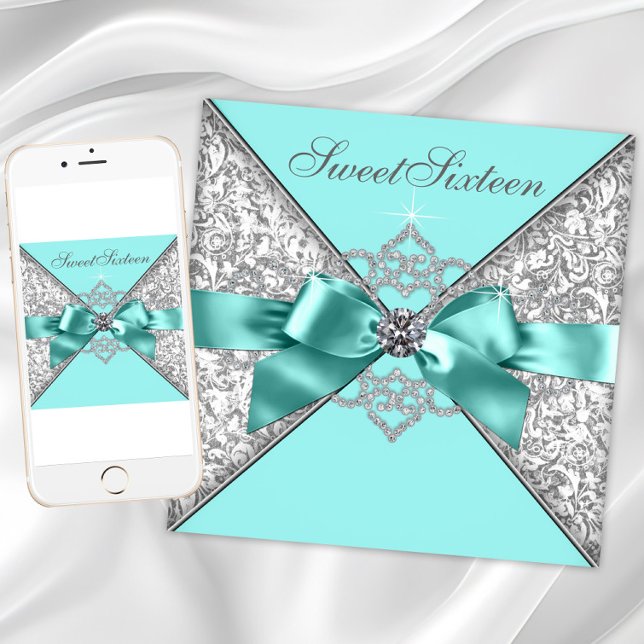 Convites Festa de Aniversário de 16 Anos Blue White Diamond (Teal blue silver sweet sixteen invitation with pretty diamonds and bow. Any number or event.)