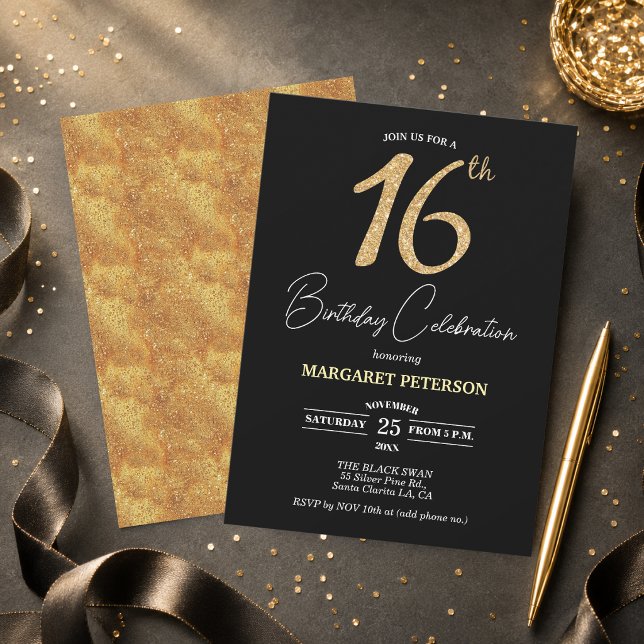 Convites Festa de Aniversário de 16 anos com Brilho Preto E (Criador carregado)