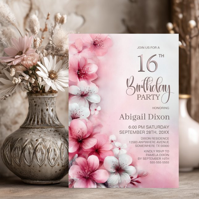 Convites Festa de Aniversário de 16 Anos com Flores Rosa e  (Criador carregado)