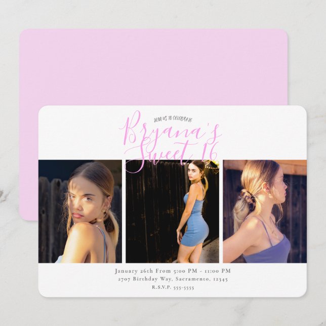 Convites Festa de Aniversário de 16 Anos com Foto Mínima  (Frente/Verso)