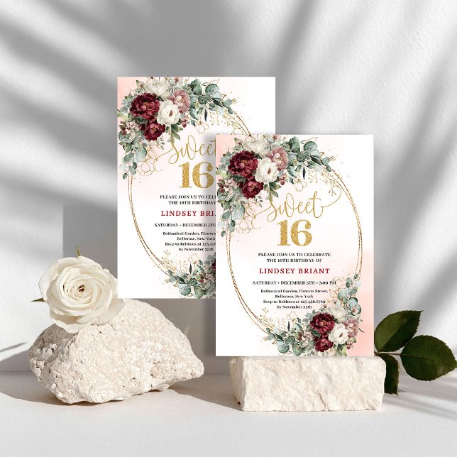 Convites Festa de Aniversário de 16 Anos Floral Marrom Mode (Modern Maroon Floral Gold Sweet 16 Birthday Party Invite)