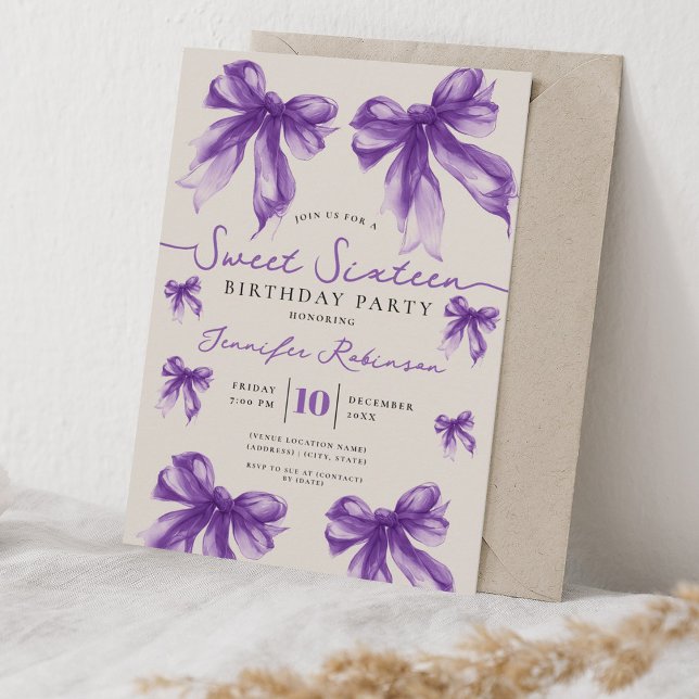 Convites Festa de Aniversário de 16 Anos Girly Coquette Bow (Girly Coquette Bow Sweet 16 Birthday Party Purple Invitation)
