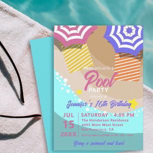 Convites Festa de Aniversário de 16 Anos no Verão na Piscin