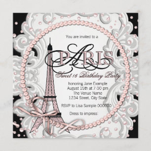 Convites Festa de Aniversário de 16 Anos Vintage Rosa Paris