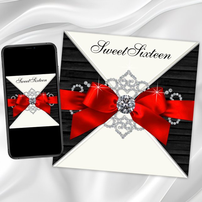 Convites Festa de Aniversário de 16 Anos White Diamonds Bla (Red and black Sweet 16 invitation with red bow and diamonds. Red and black any occasion invitation.)