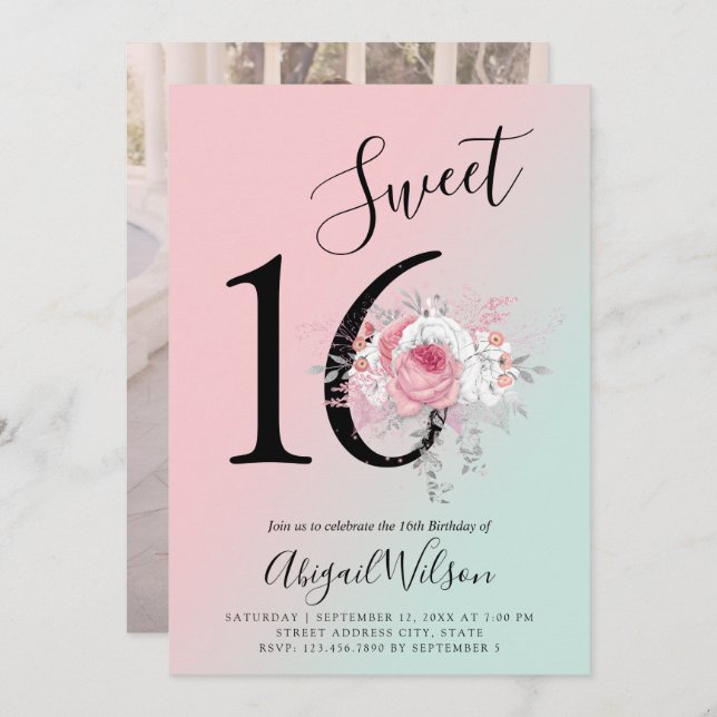 Convites Festa de aniversário de 16 florais modernos (Frente/Verso)