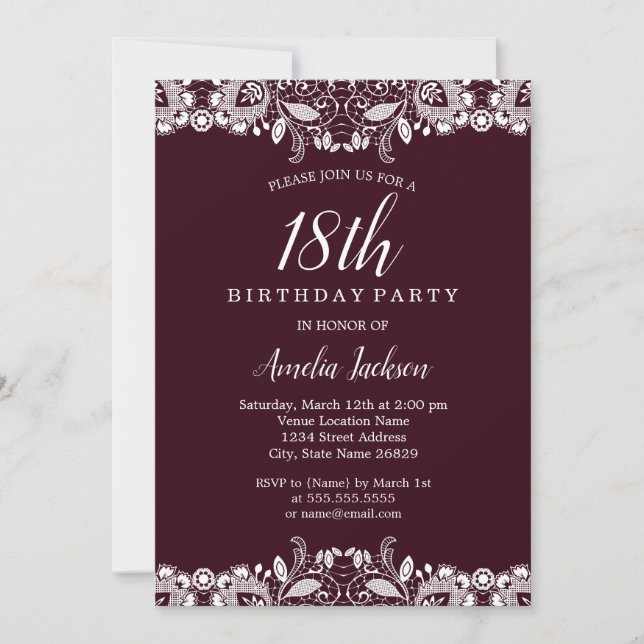 Convites Festa de Aniversário de 18 anos com Renda Branca V (Frente)