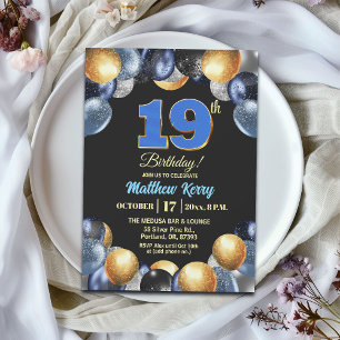 Convites Festa de Aniversário de 19 Anos Azul Prata Dourado