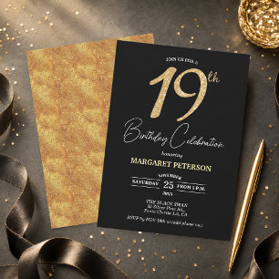 Convites Festa de Aniversário de 19 anos com Brilho Preto E