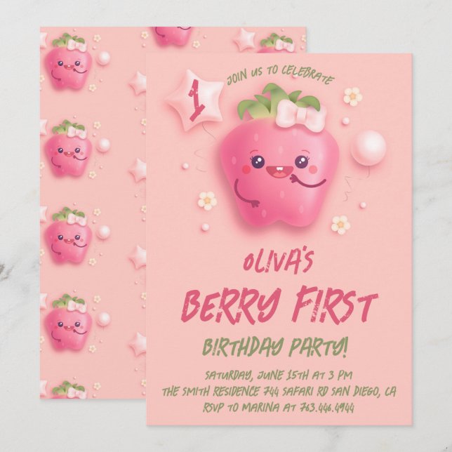 Convites Festa de Aniversário de 1 Ano Berry First Morango (Frente/Verso)