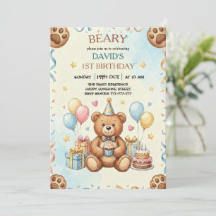 Convites Festa de Aniversário de 1 Ano Boho Teddy Bear Bear