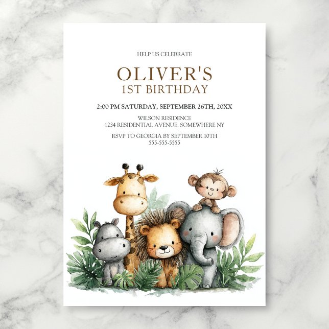Convites Festa de Aniversário de 1 ano com Animais de Safar (Criador carregado)