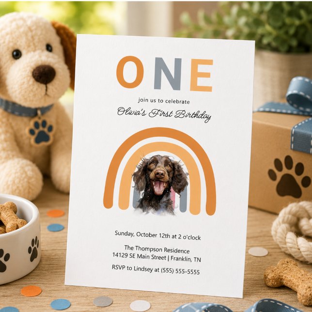 Convites Festa de Aniversário de 1 Ano com Cachorro Adoráve (Adorable Dog Rainbow Watercolor 1st Birthday Party Invitation)