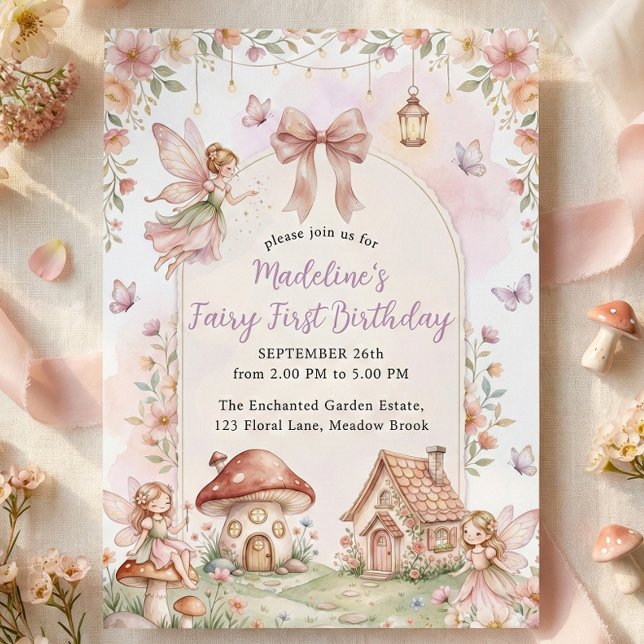 Convites Festa de Aniversário de 1 Ano da Fada das Flores P (Pastel Wildflower Fairy First 1st Birthday Party Invitation)