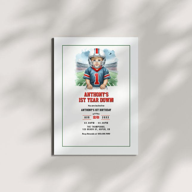 Convites Festa de Aniversário de 1 Ano de Futebol First Yea (First Year Down Football 1st Birthday Party Invitation)
