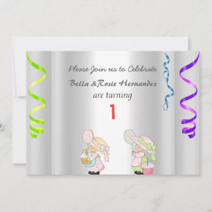 Convites Festa de Aniversário de 1 ano de Gêmeos Prata