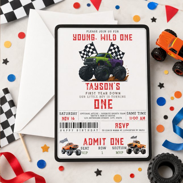Convites Festa de Aniversário de 1 Ano de Monster Trucks Mo (Modern Monster Trucks 1st Birthday Party Invitation
)