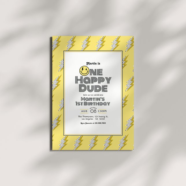 Convites Festa de Aniversário de 1 Ano do Cara Feliz Retro (One Happy Dude Retro 1st Birthday Party Invitation)