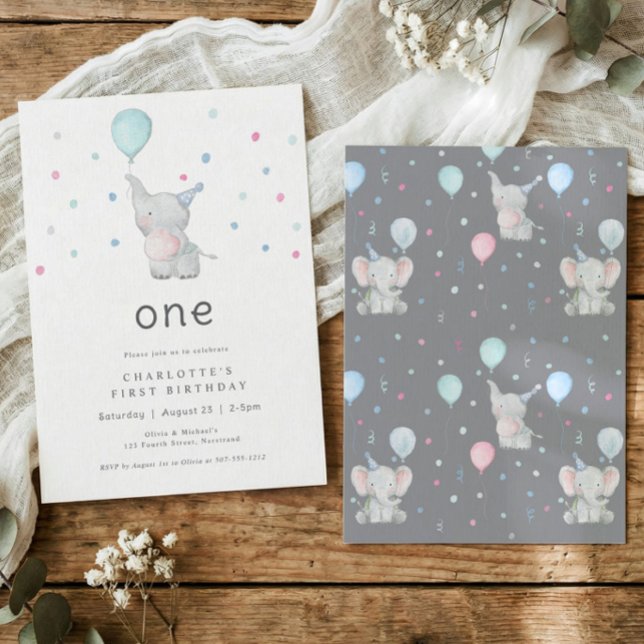 Convites Festa de Aniversário de 1 Ano do Elefante Fofo (Watercolor elephant 1st birthday invitation with balloon and pastel confetti on white background)
