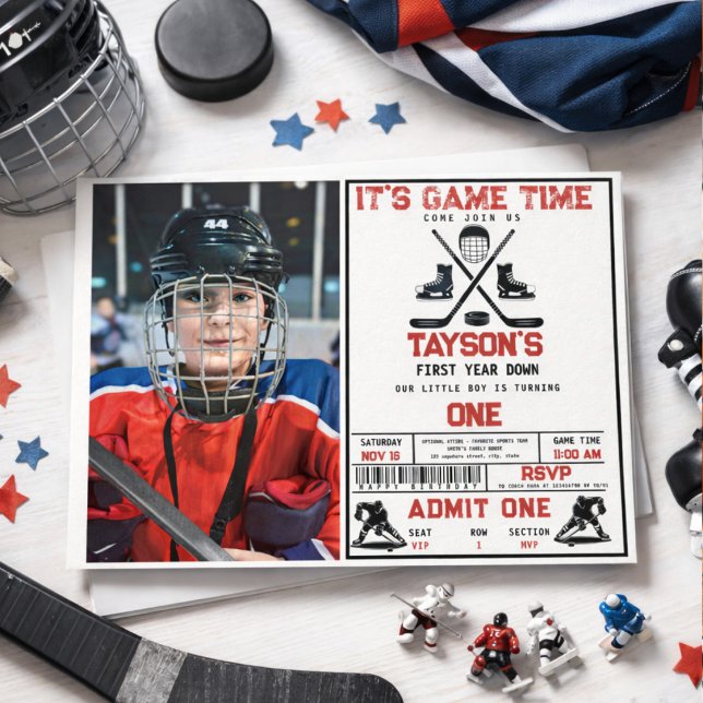 Convites Festa de Aniversário de 1 ano do It’s Game Time Ho (It’s Game Time Hockey 1st Birthday Party photo Invitation
)